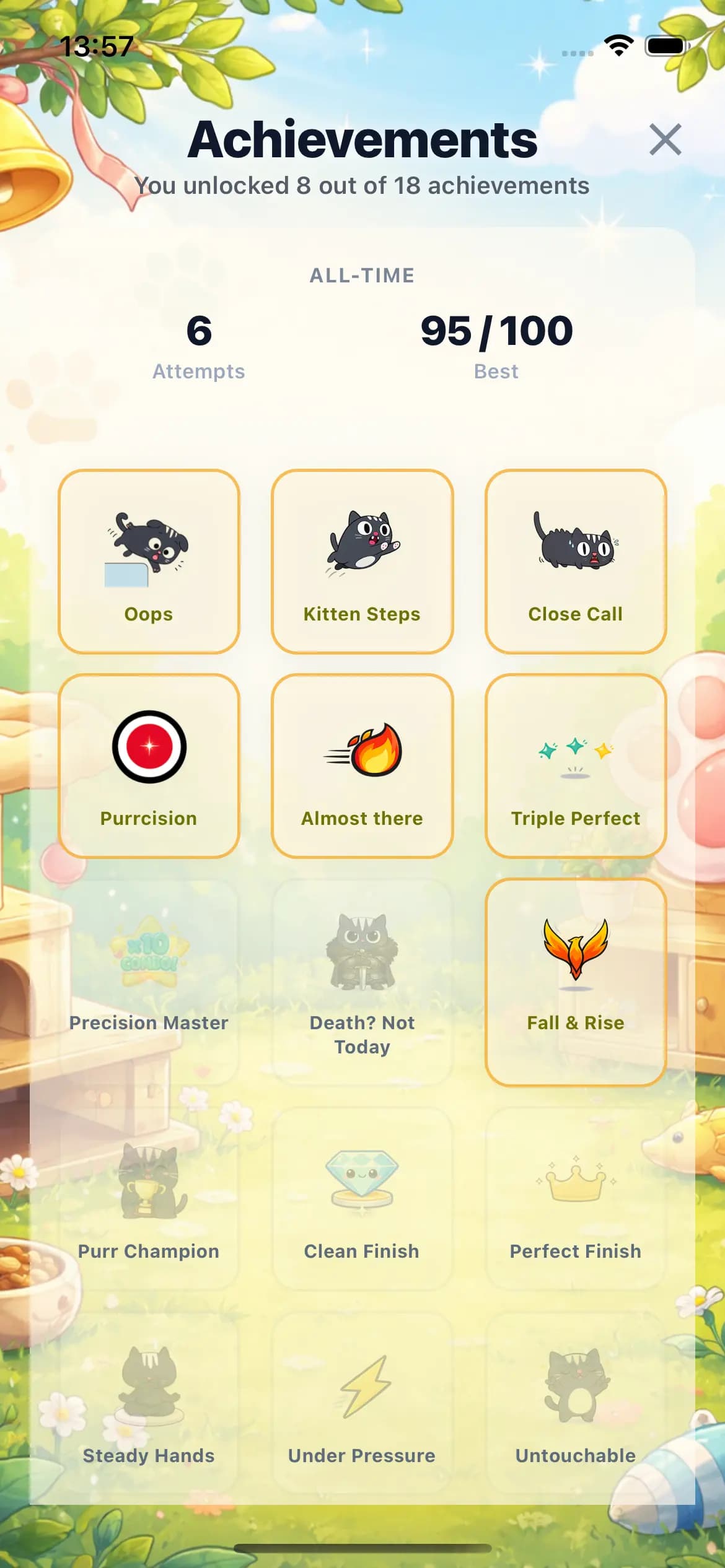 Achievements screen with unlocked badges